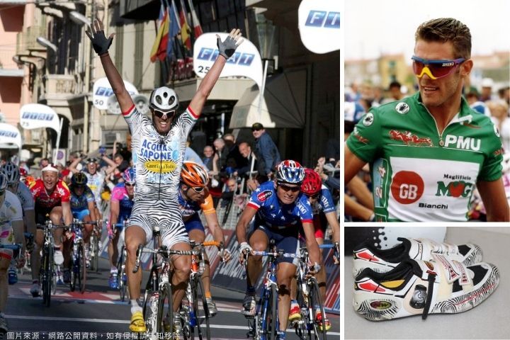 Mario Cipollini 穿著經典斑馬戰袍在終點線舉手慶祝,是他最具標誌性的勝利場面之一