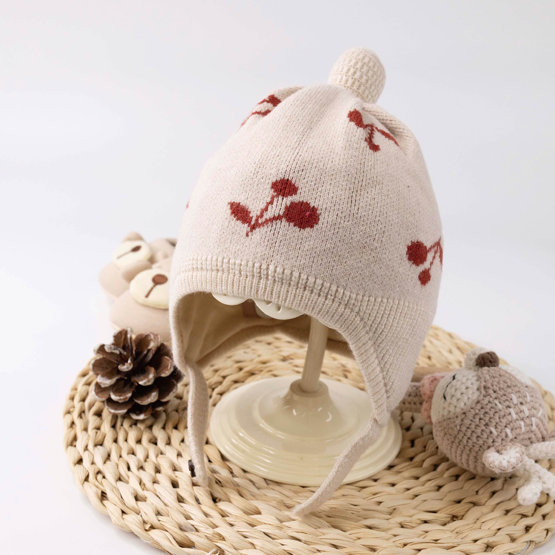 【JA1577】櫻桃針織寶寶護耳毛帽