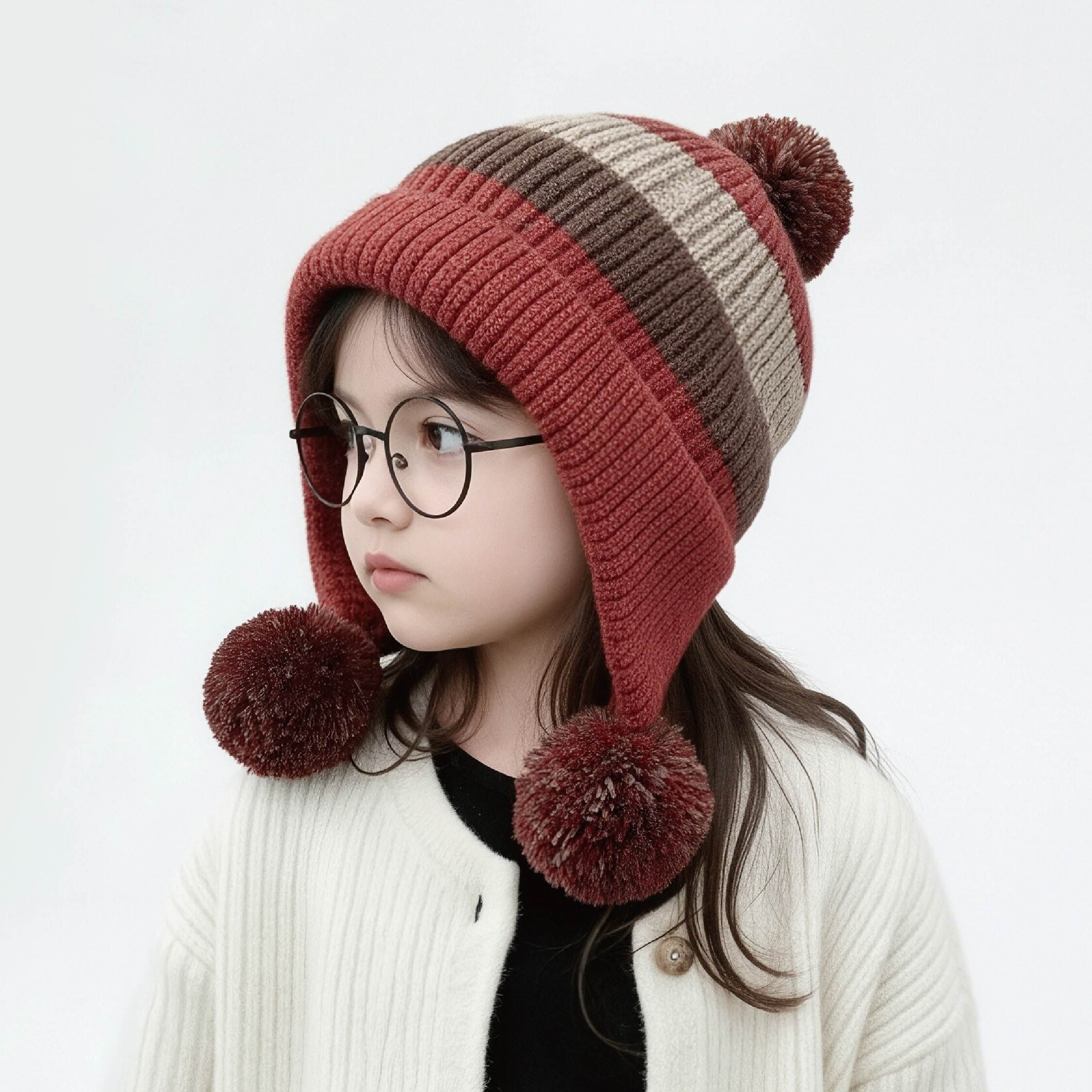 【JA1559】球球條紋護耳毛帽*五色