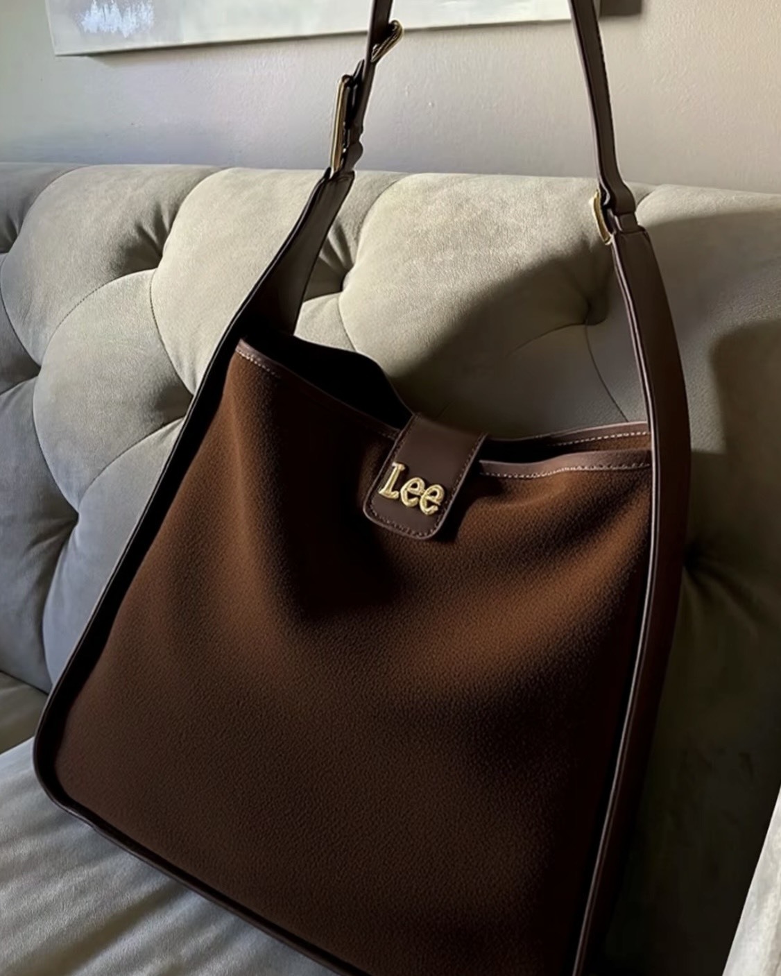 <超高級>LEE 美拉德 復古 絨面 送迷你收納包 hobo 單肩包 -卡其 2色