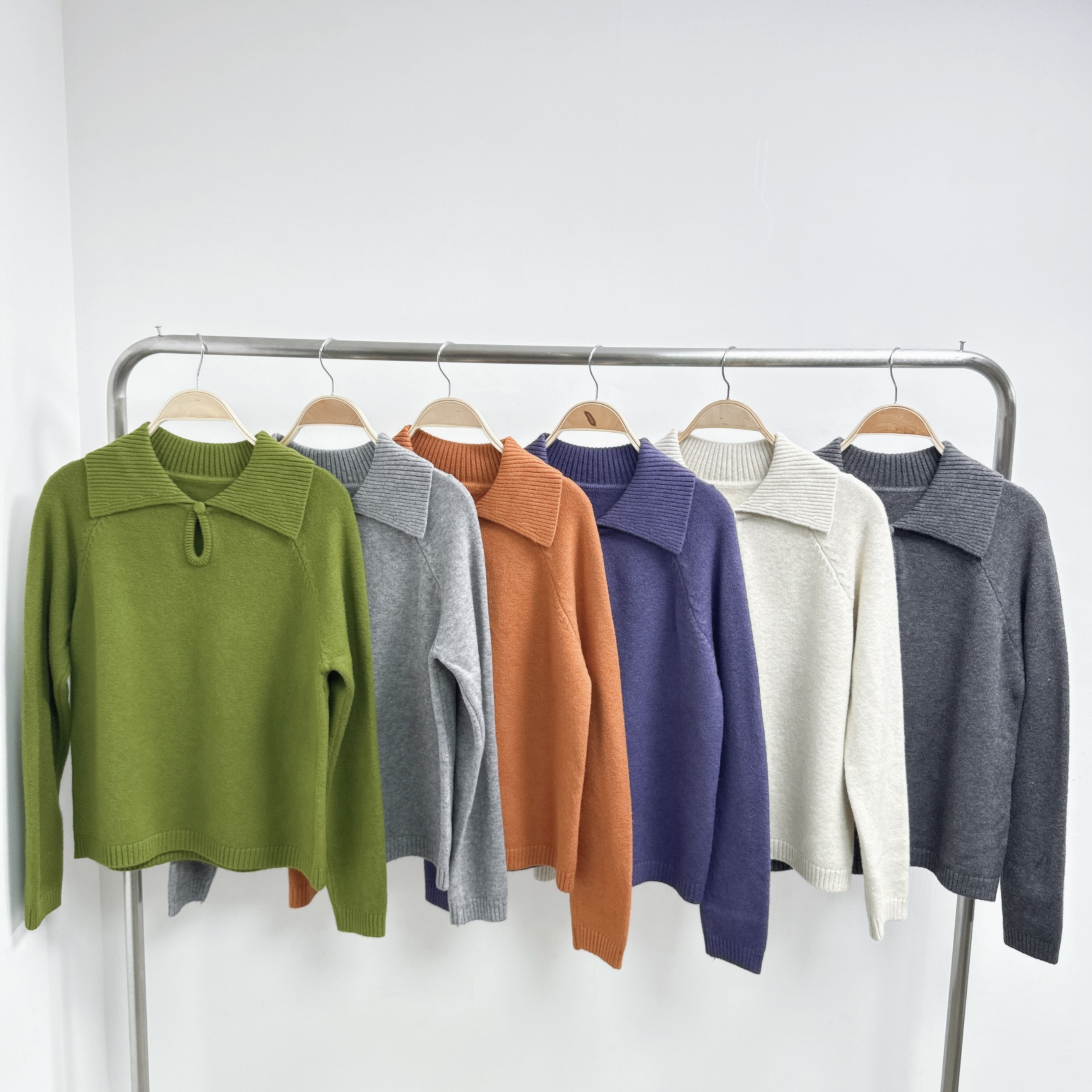 羅紋反領假開鈕小鏤空冷衫 (A7-A12)