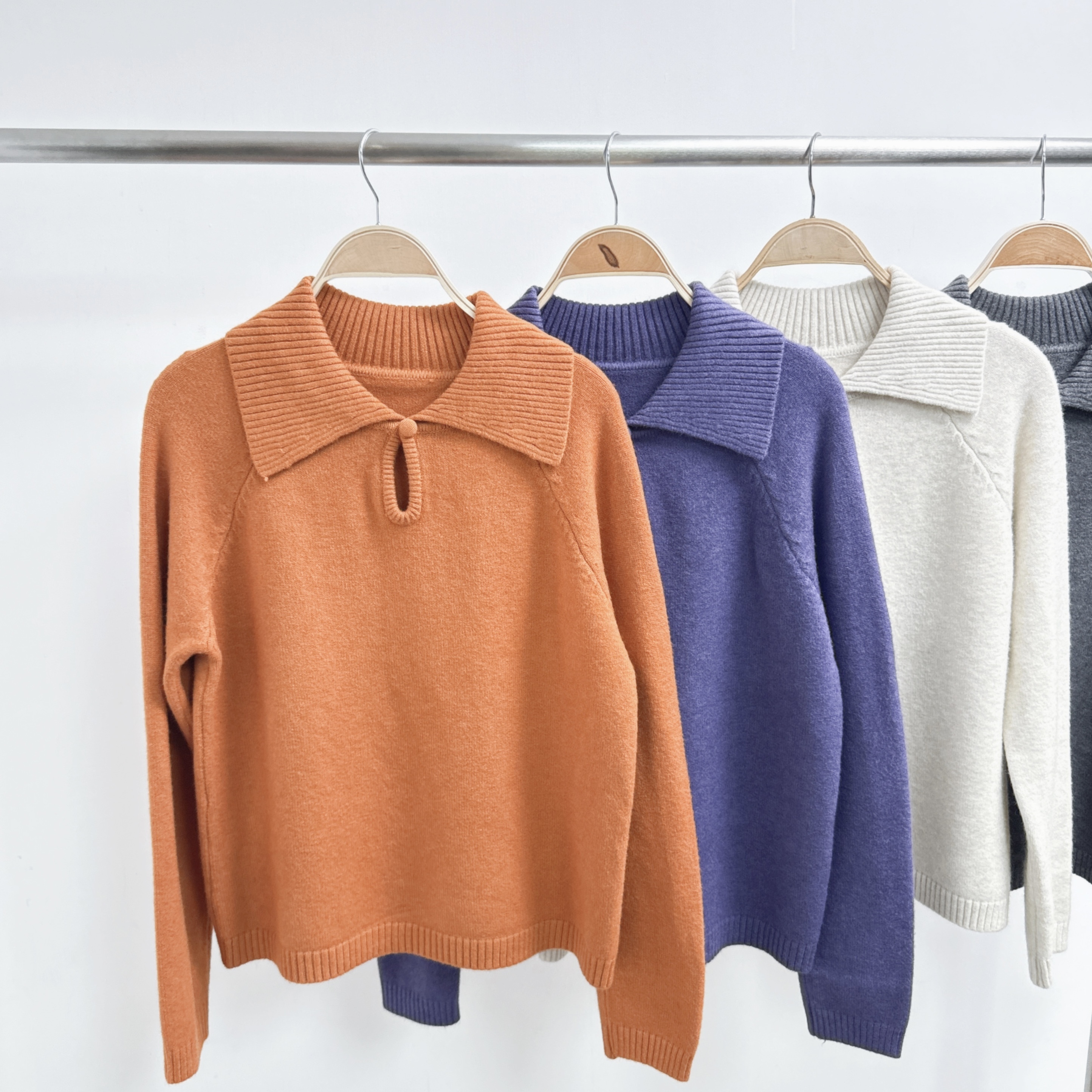 羅紋反領假開鈕小鏤空冷衫 (A7-A12)