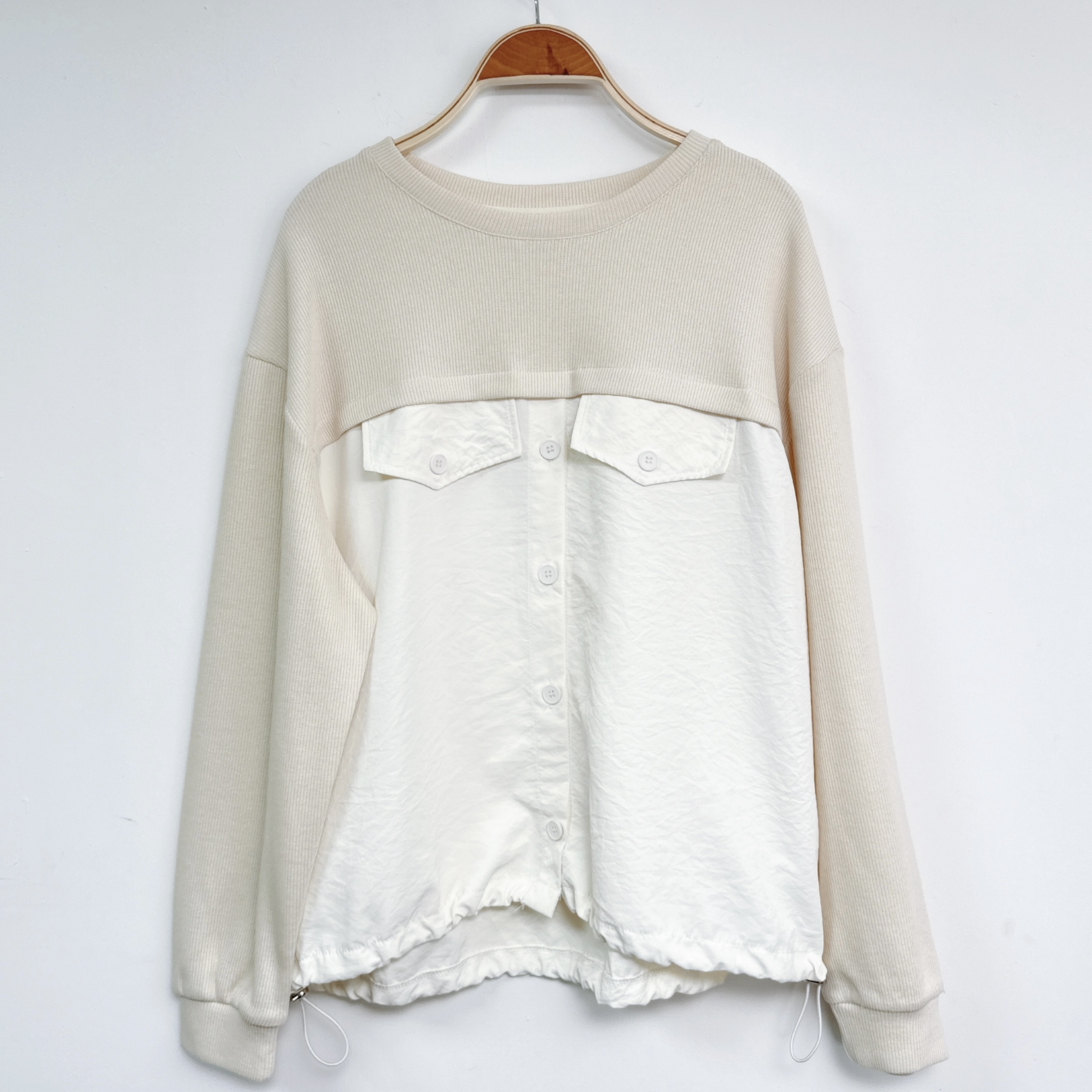 坑紋針織拼布假口袋索繩腳開鈕TOP (K44-K47)