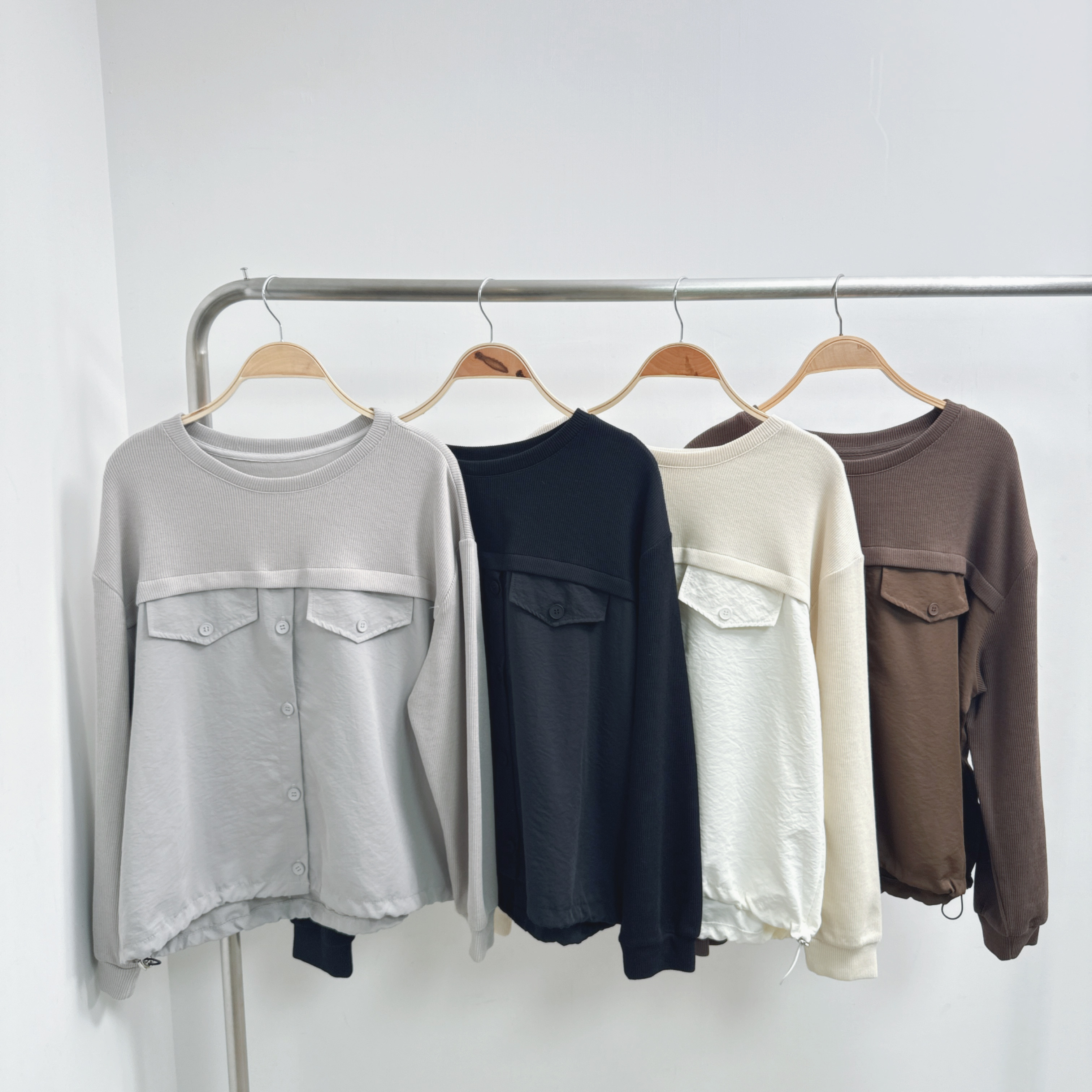 坑紋針織拼布假口袋索繩腳開鈕TOP (K44-K47)