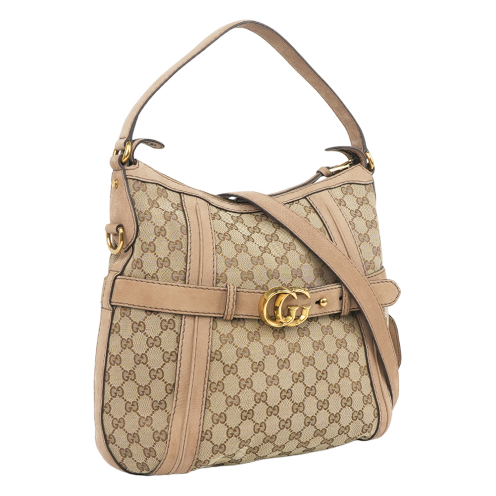 【GUCCI】金色GG Logo 緹花布及皮革肩背/斜背包(卡其/粉膚)