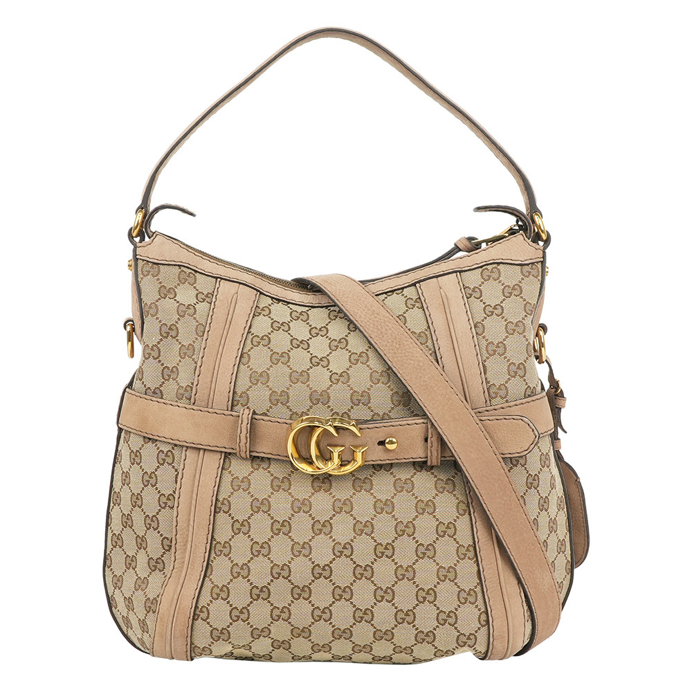 【GUCCI】金色GG Logo 緹花布及皮革肩背/斜背包(卡其/粉膚)