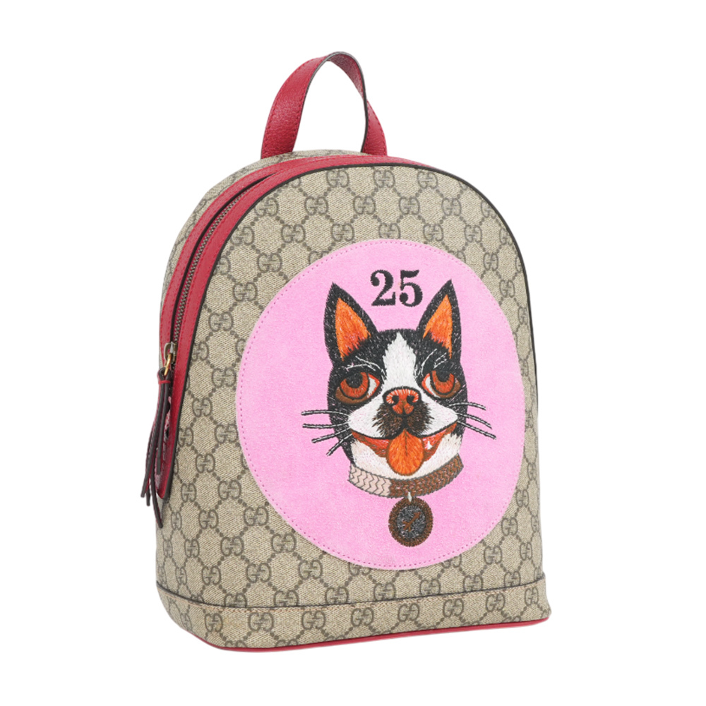 【GUCCI】麂皮吉娃娃圖案拉鍊後背包(棕色/粉色)