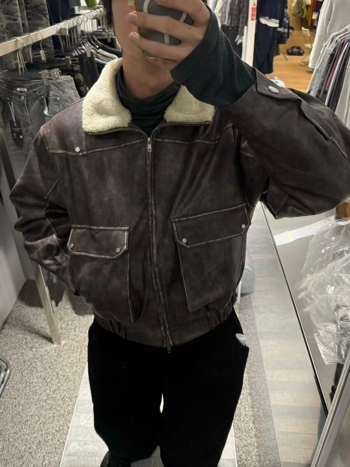 毛毛領拉鍊合成皮褸(薄夾棉) Tac-0325JK