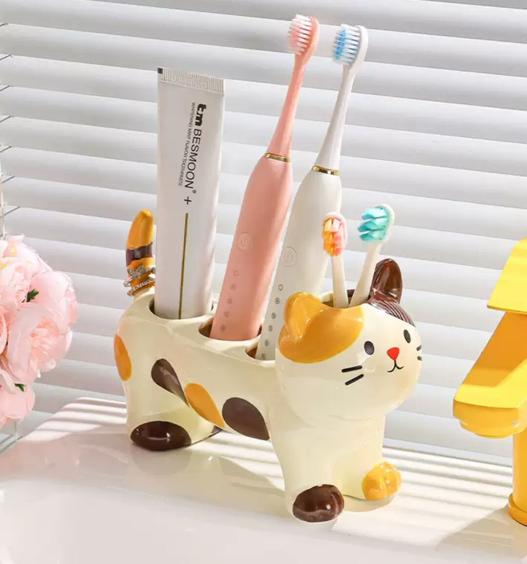 三花貓陶瓷家用牙刷架