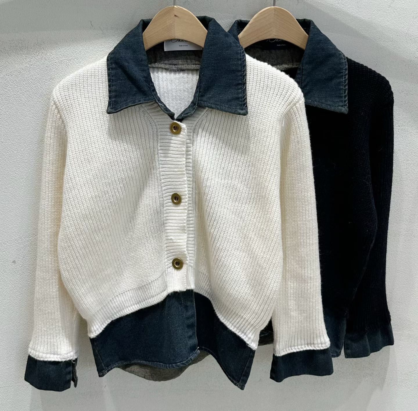 SU5302 假兩件牛仔拼針織外套