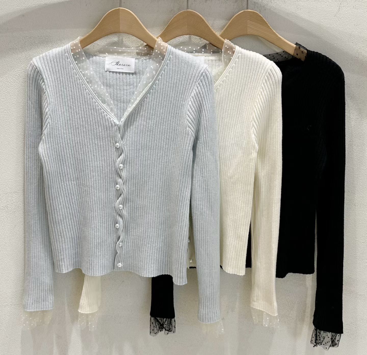 SU5304 波點雪紡珍珠紐扣針織外套