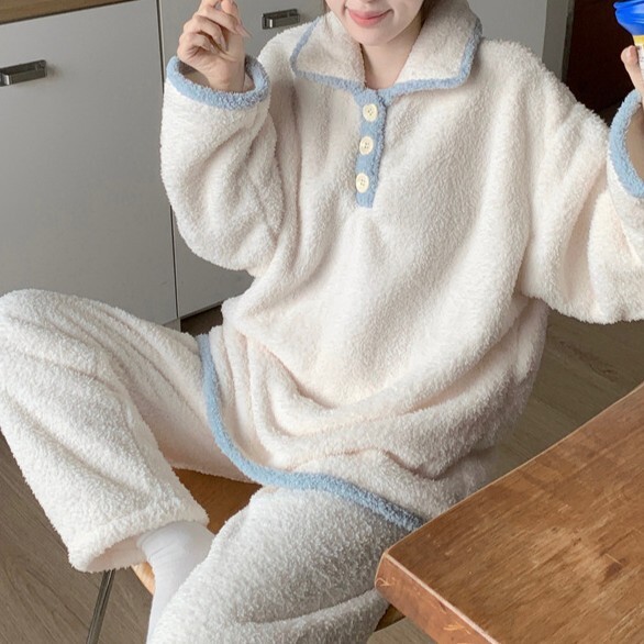 《6446》韓風加厚羊羔毛寶寶藍居家睡衣