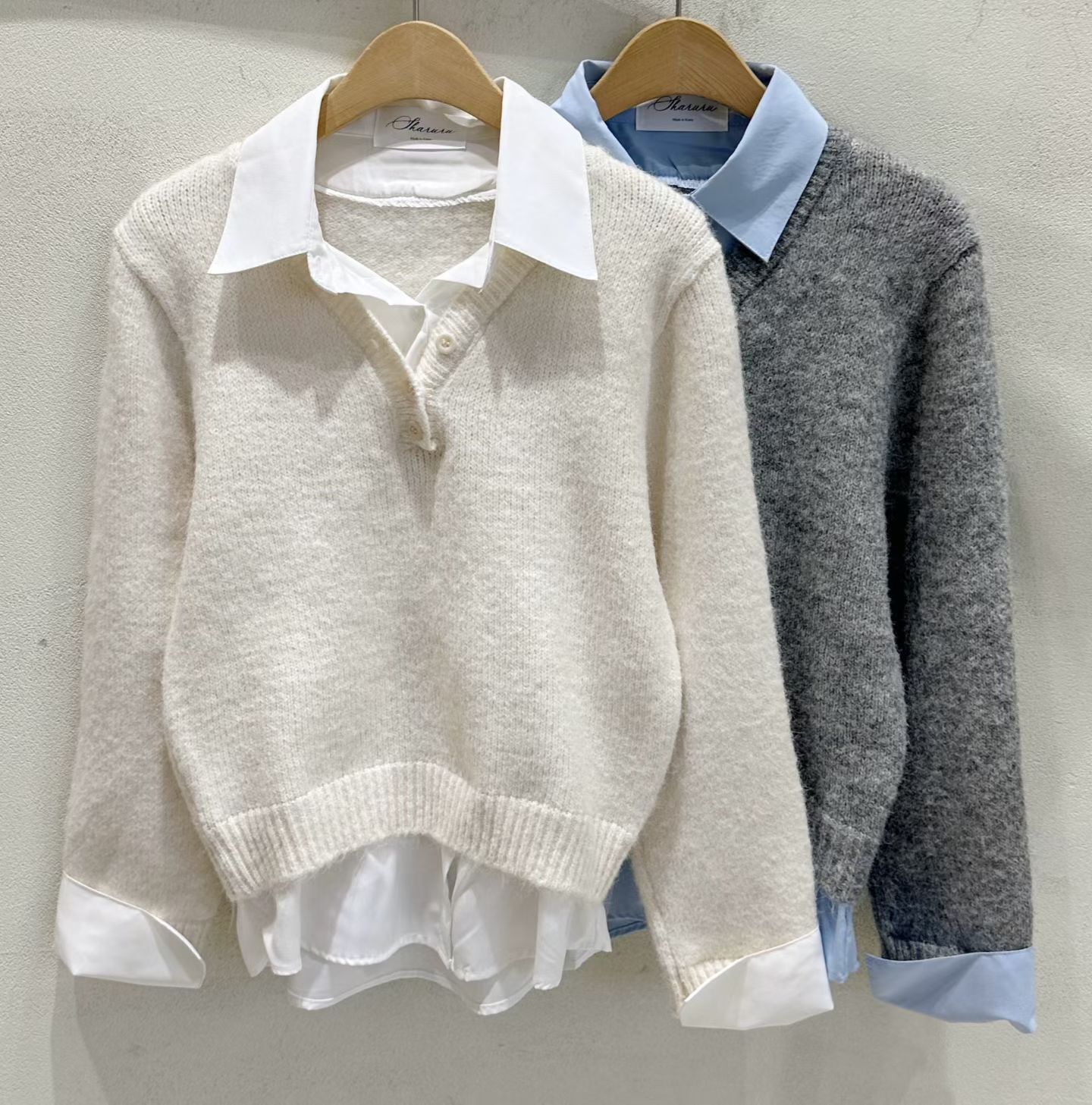 SU5325 假兩件雪紡襯衫羊毛上衣