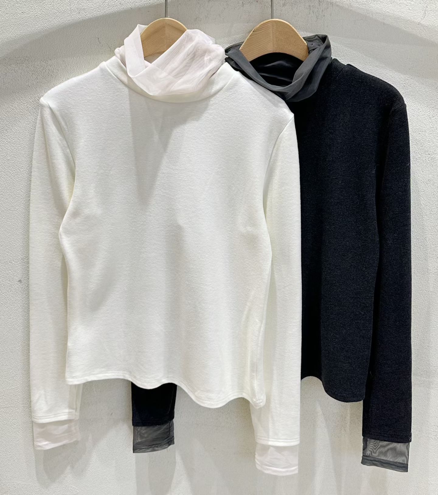 SU5326 假兩件薄紗堆堆領上衣