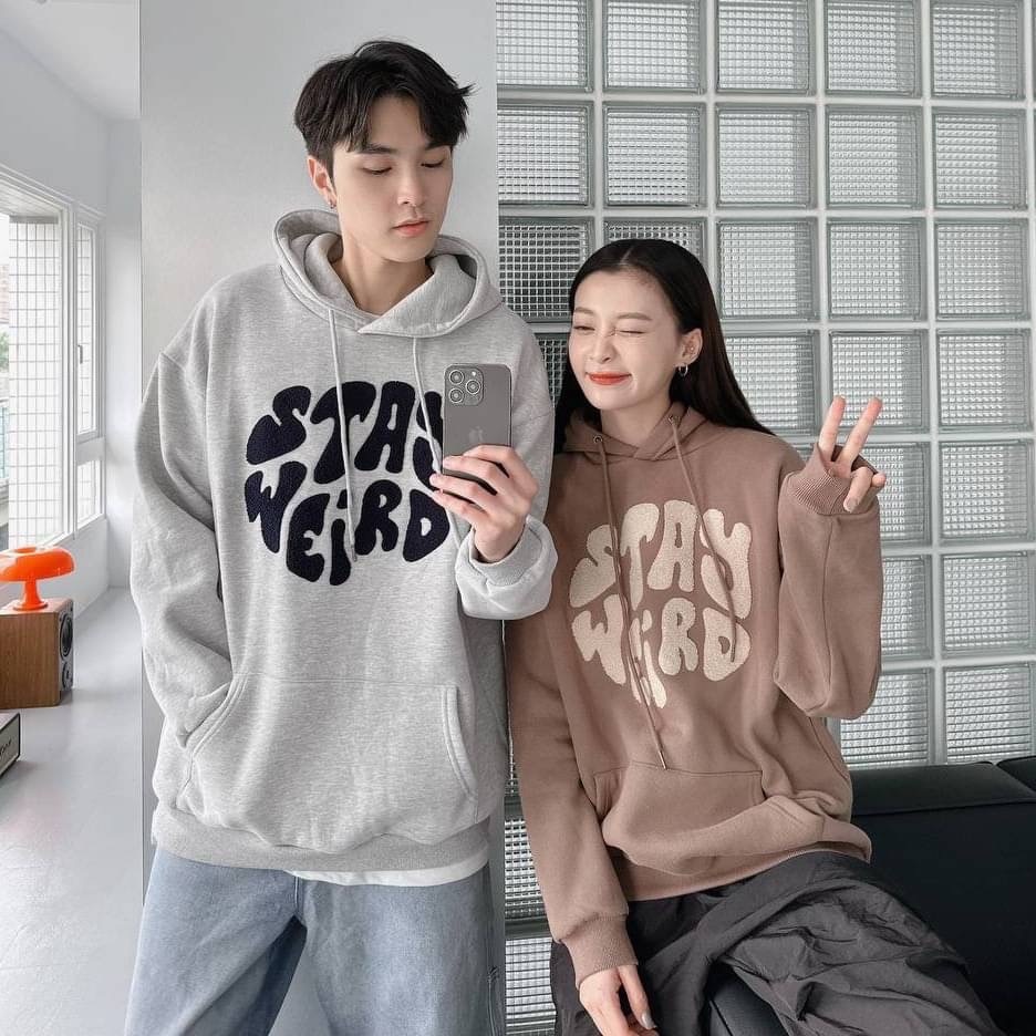 STAY WEIRD 字母 毛巾繡字 情侶裝 內刷毛連帽T 80453