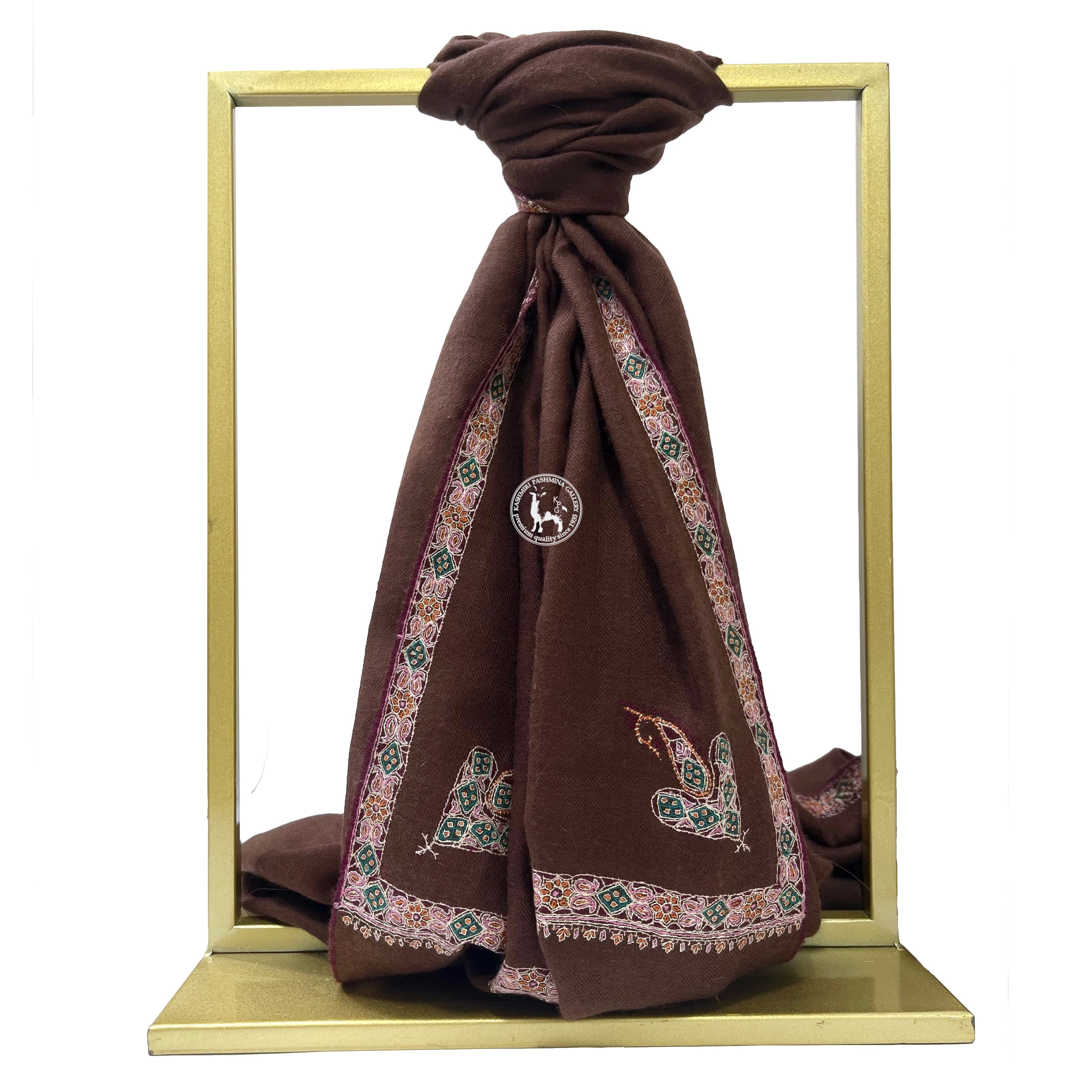 深啡色喀什米爾山羊絨邊緣刺繡披肩圍巾
