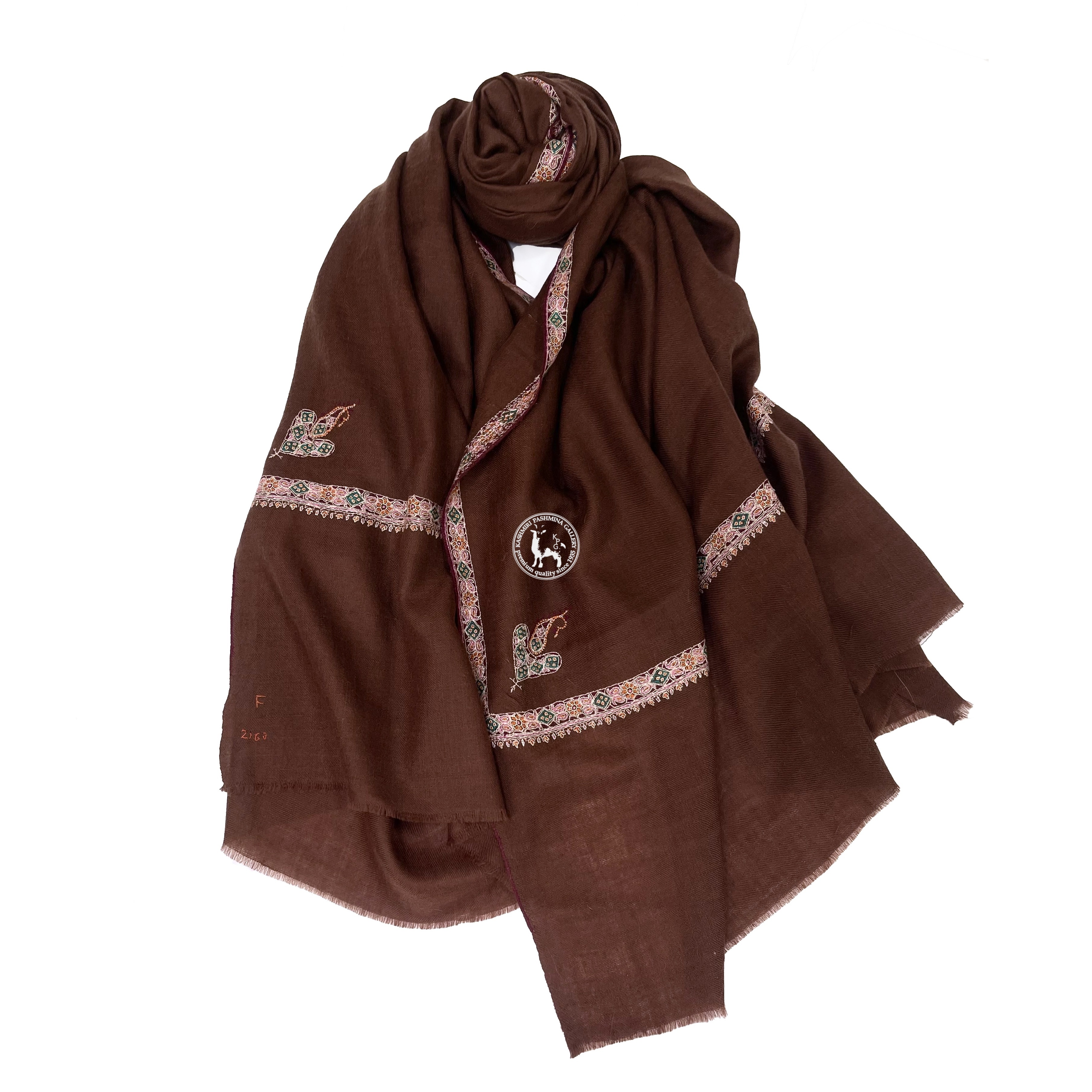 深啡色喀什米爾山羊絨邊緣刺繡披肩圍巾