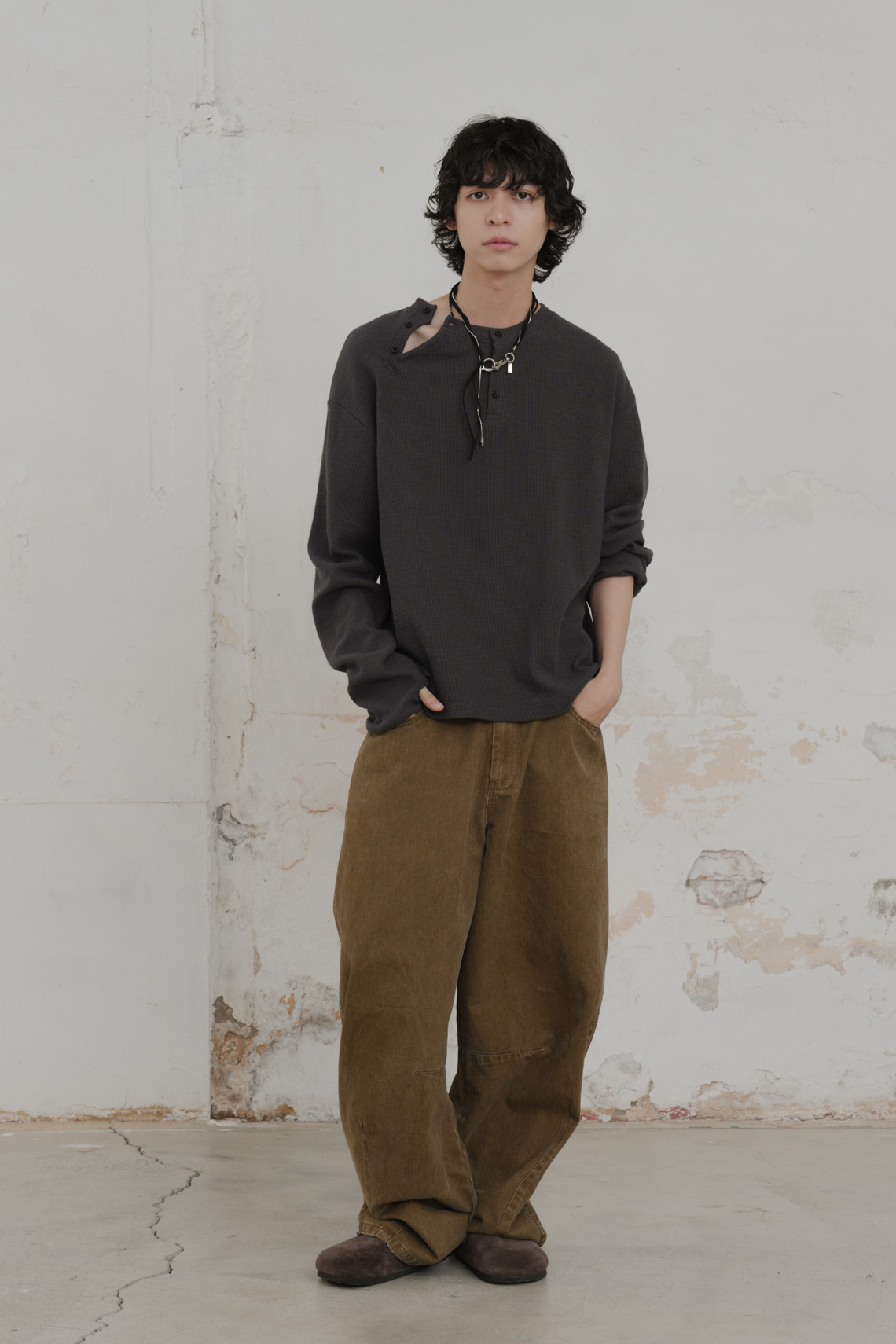 Double Henley Neck Slub Sweatshirt #上衣