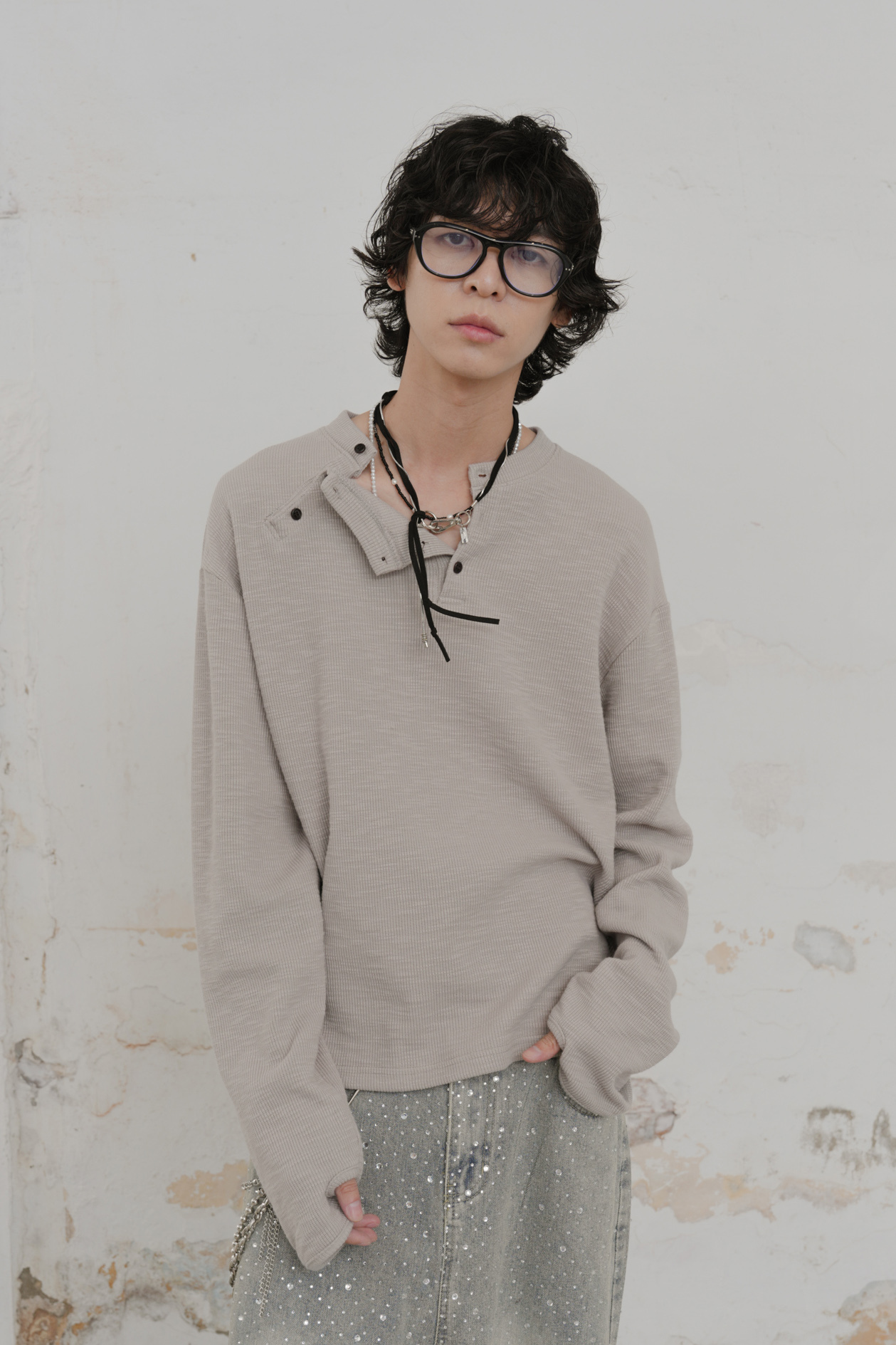 Double Henley Neck Slub Sweatshirt #上衣