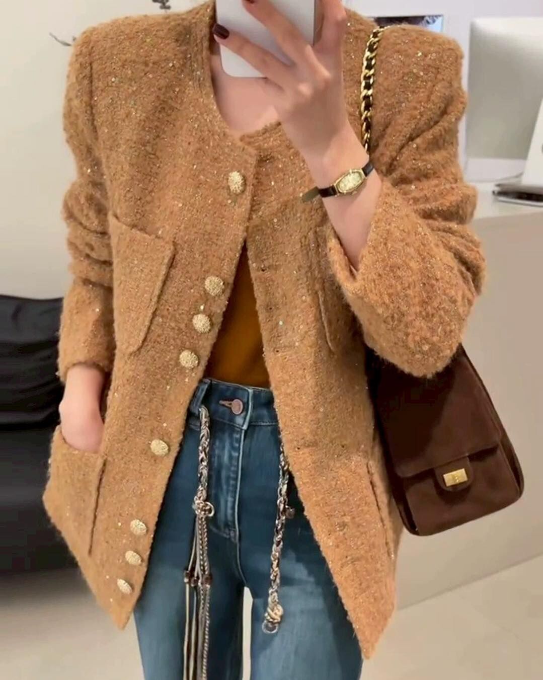 【超質感名媛小香風金釦毛呢針織外套】（現貨）