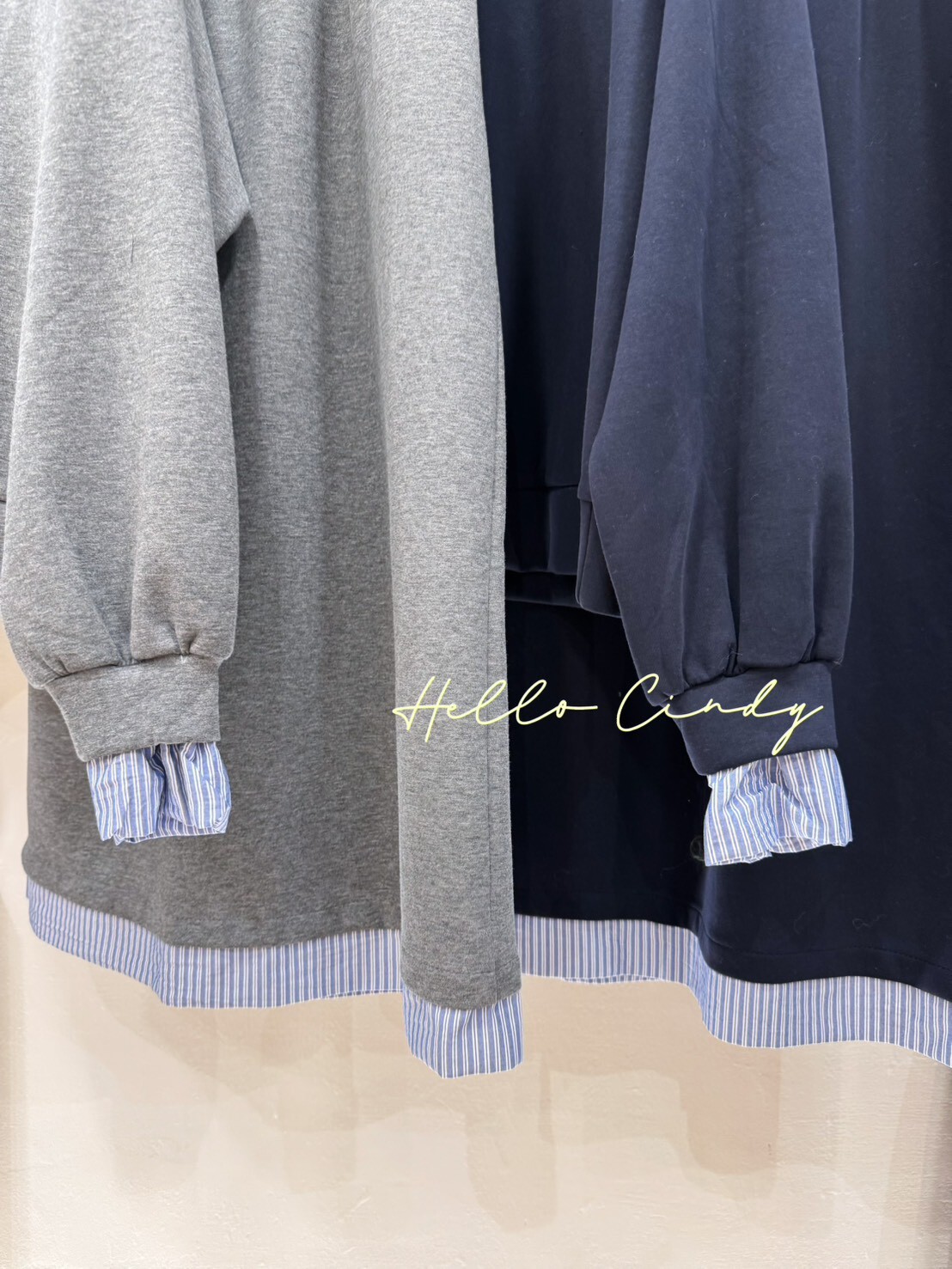 B12068 超顯瘦假兩件棉質拼接條紋襯衫上衣+鉛筆裙套裝組