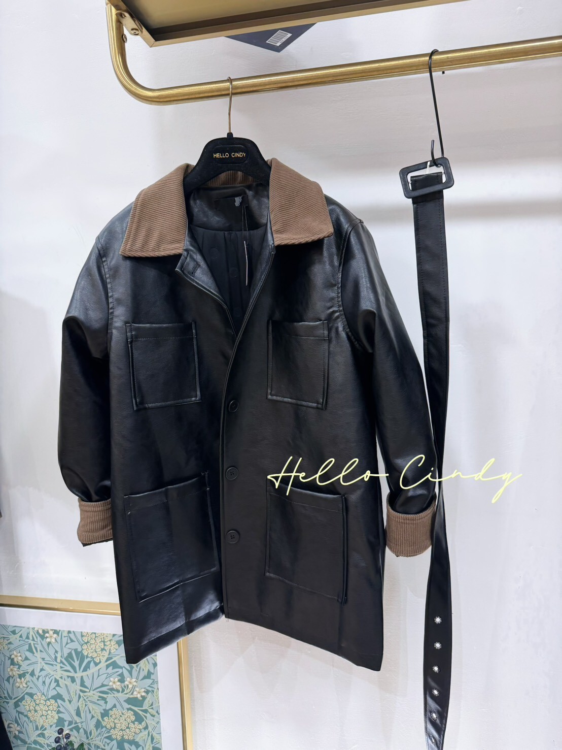 B12066 撞色領皮革綁帶外套（內鋪棉