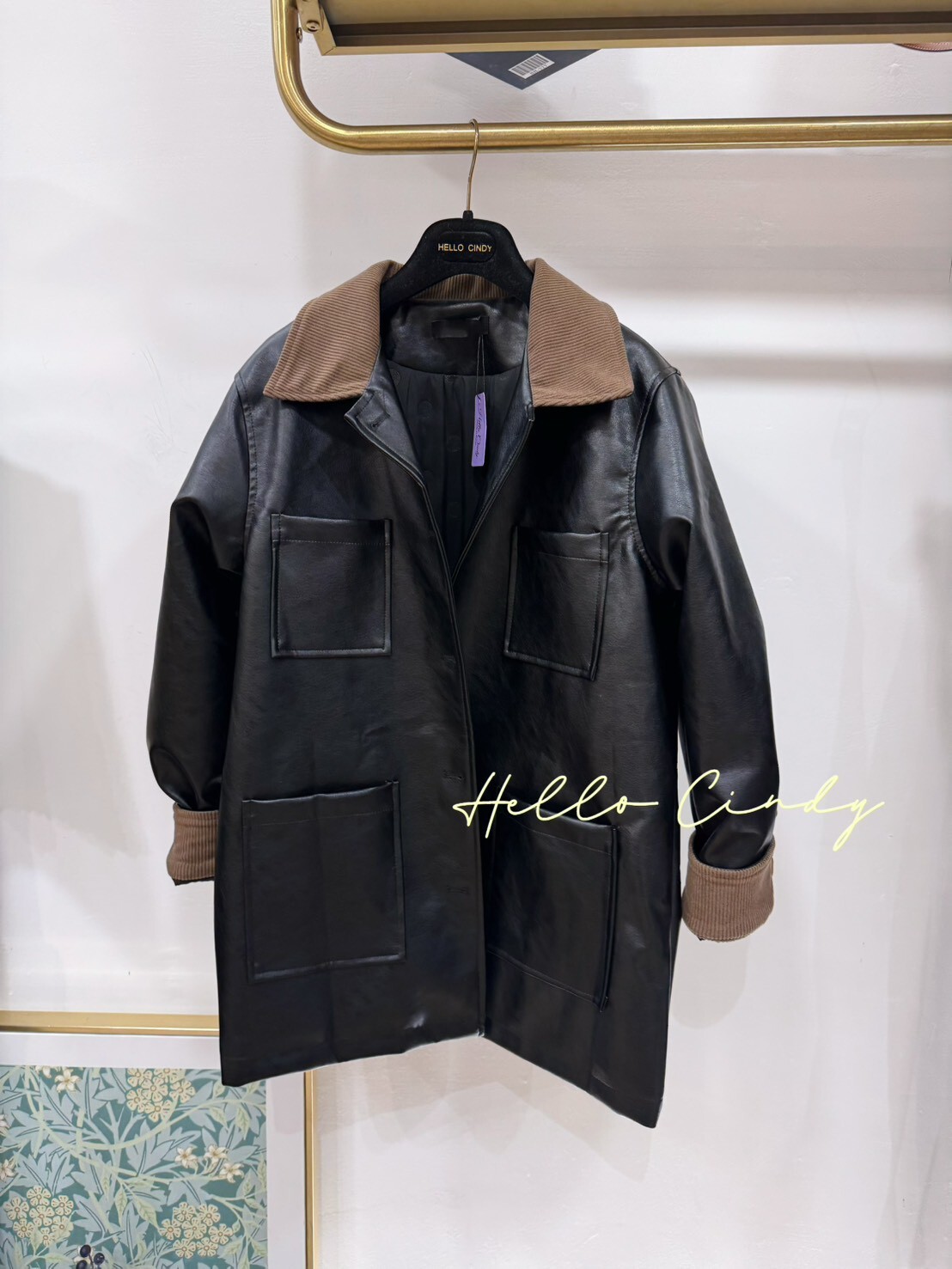 B12066 撞色領皮革綁帶外套（內鋪棉