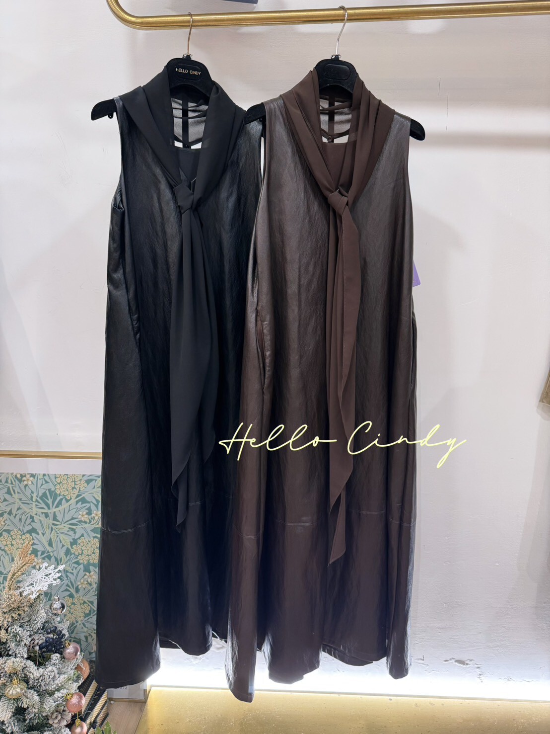 B11114  法式浪漫感絲巾皮革長洋裝（附腰帶）