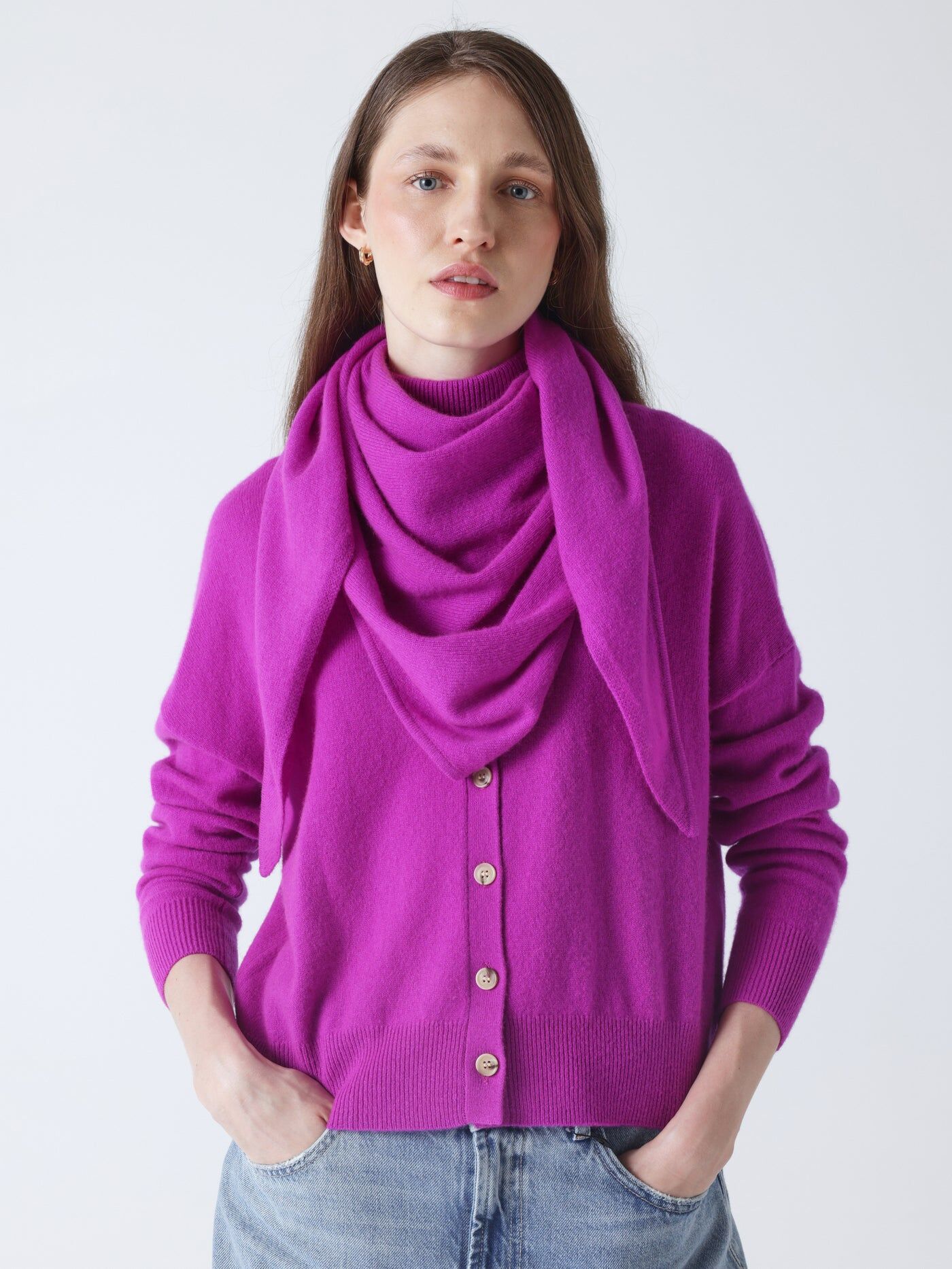 喀什米爾針織三角圍巾_霓虹紫