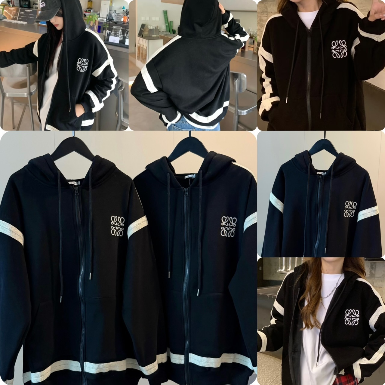 Loe*we   織帶拼接刺繡Logo鬆身加絨拉鍊外套- 2502763