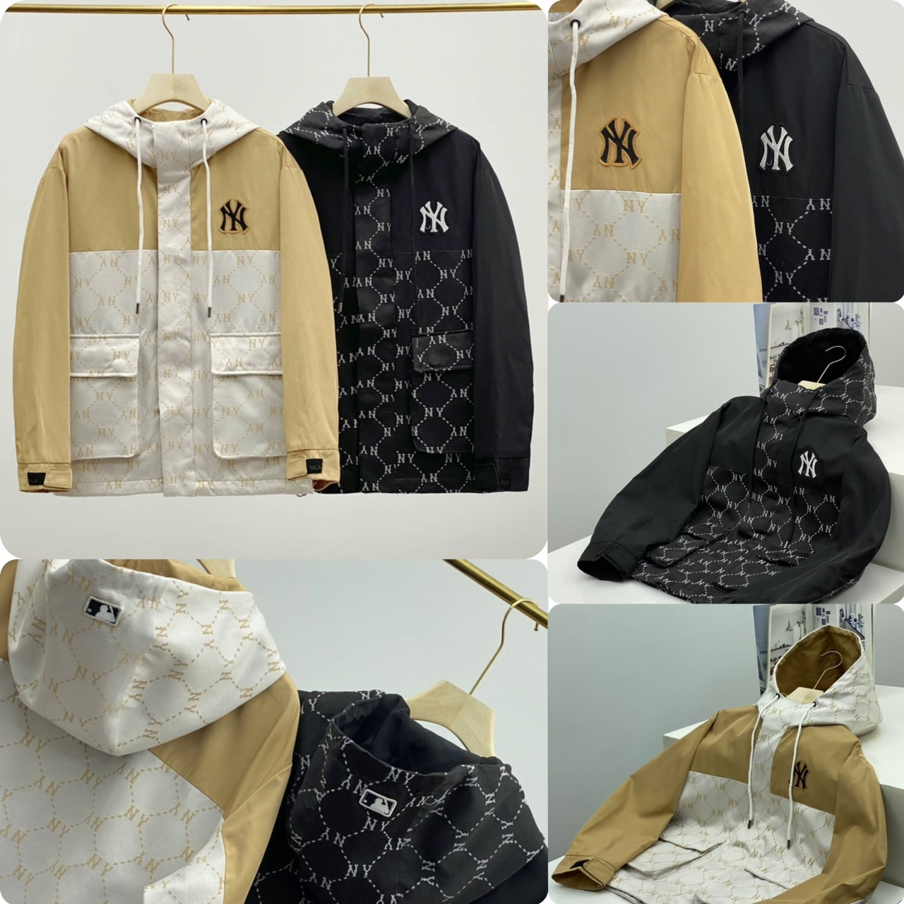 MLB 拼接滿印NY Logo 連帽拉鏈外套 - 2502765