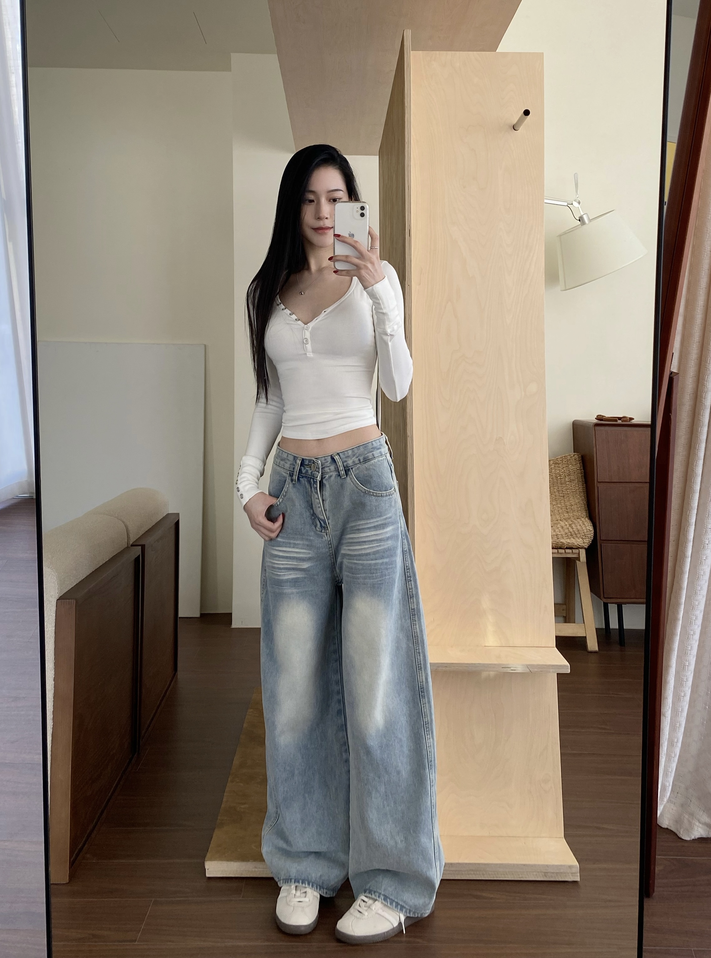 美式刷色感牛仔寬褲