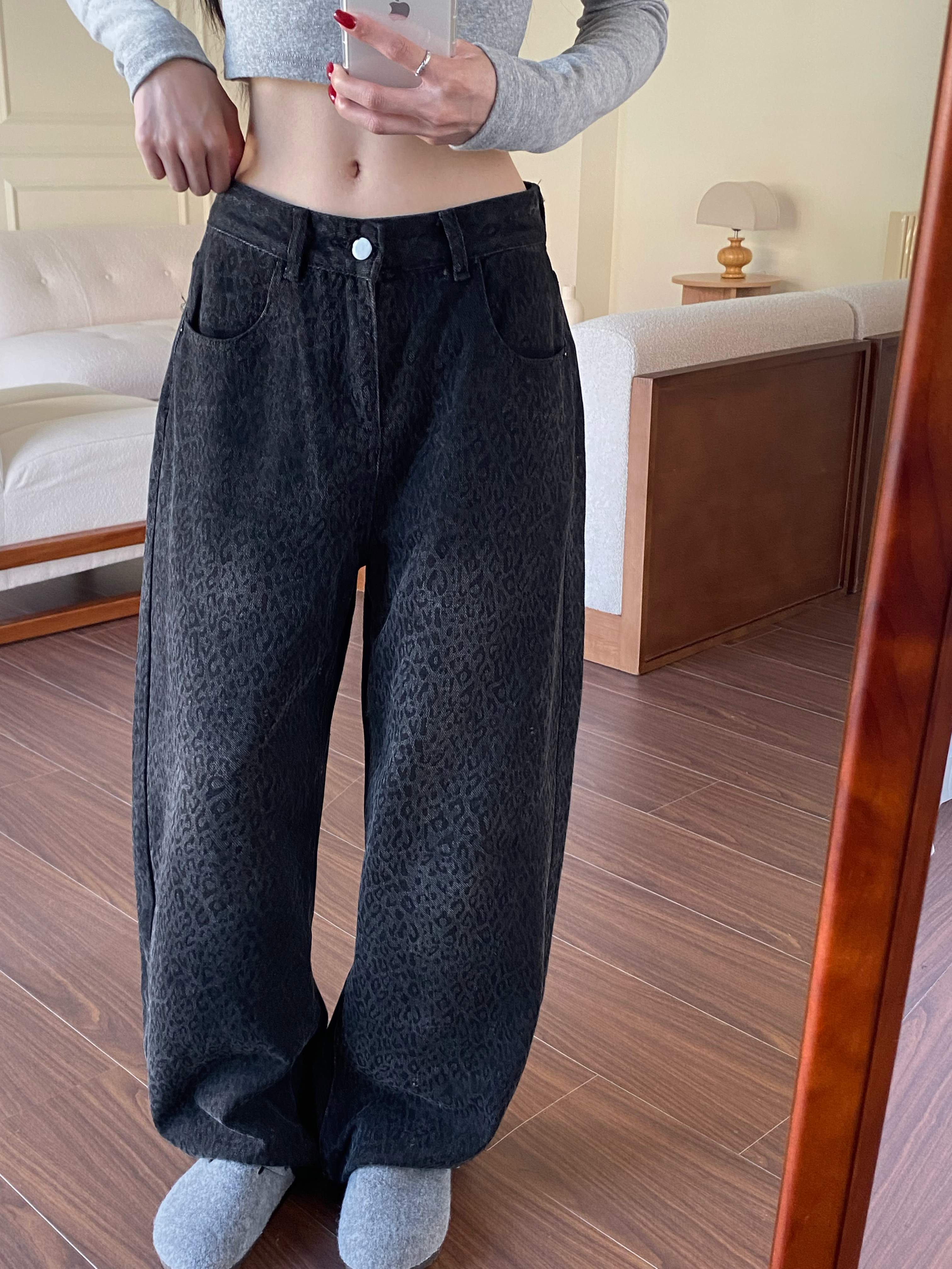 豹紋牛仔彎刀寬褲