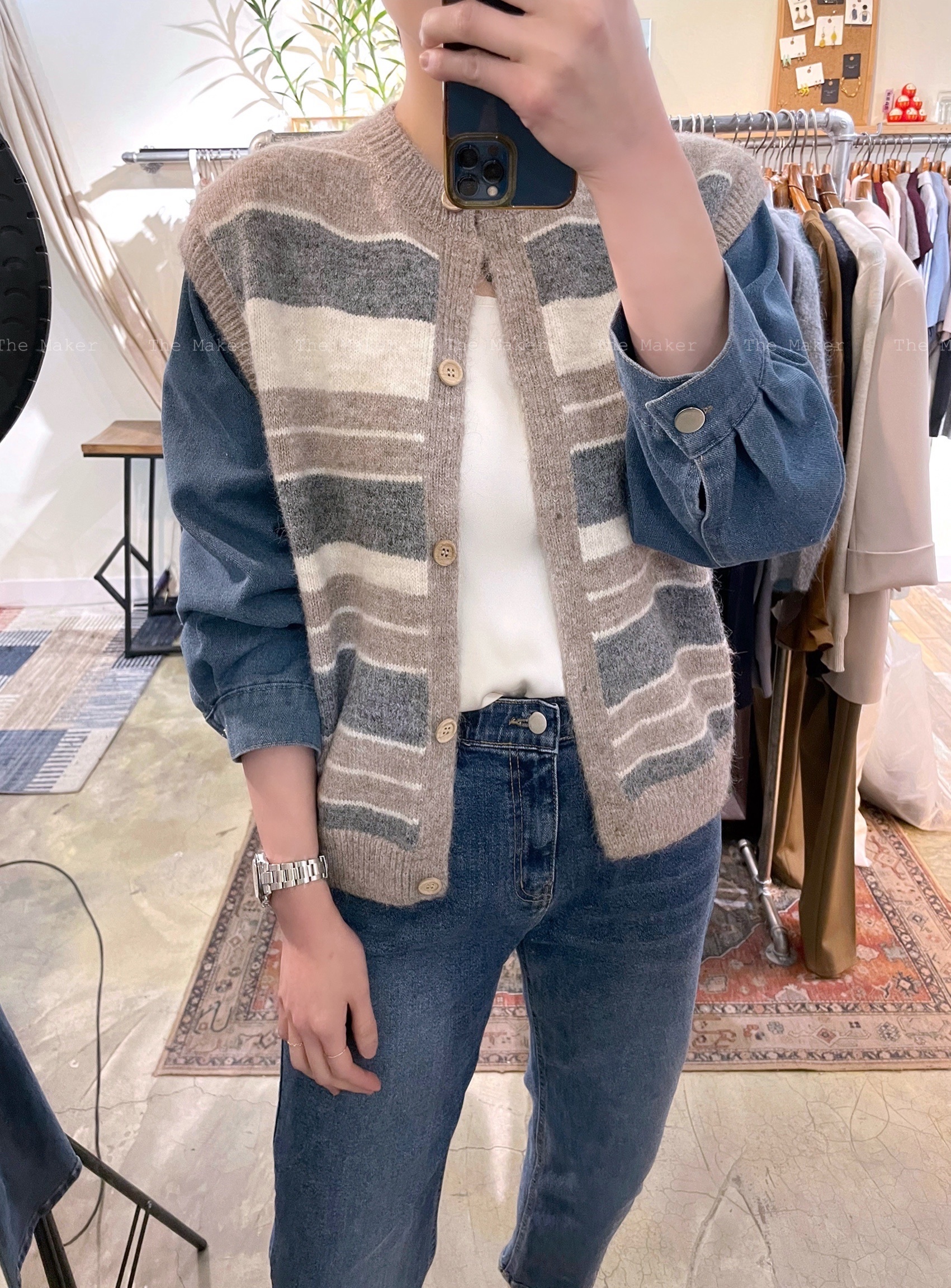 👖軟綿綿冷拼牛仔袖Cardigan👖