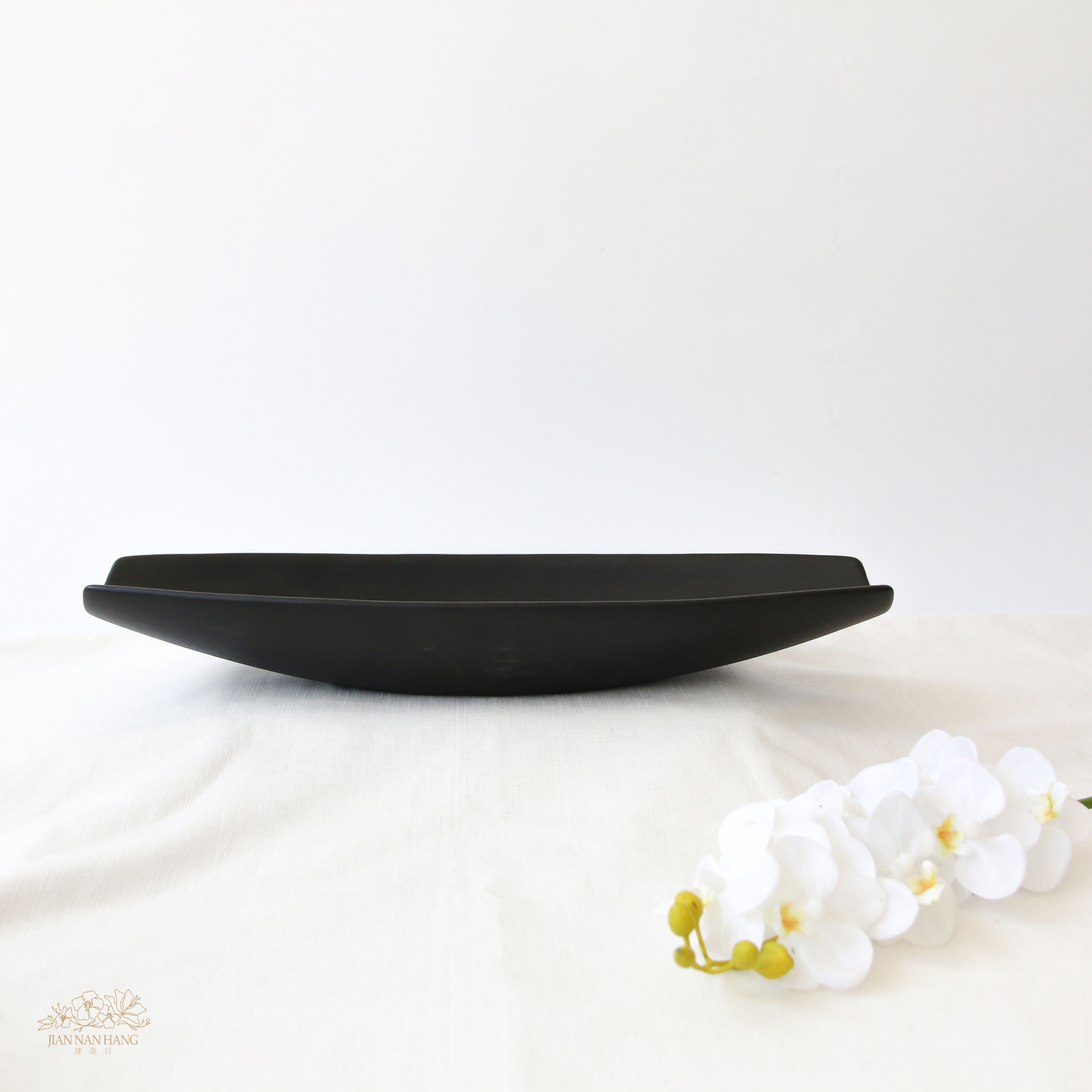 陶瓷花器 長形 磨砂黑