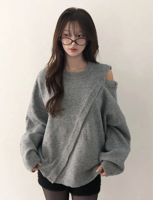 秋冬預訂｜寬鬆斜裁露肩羊毛針織衫