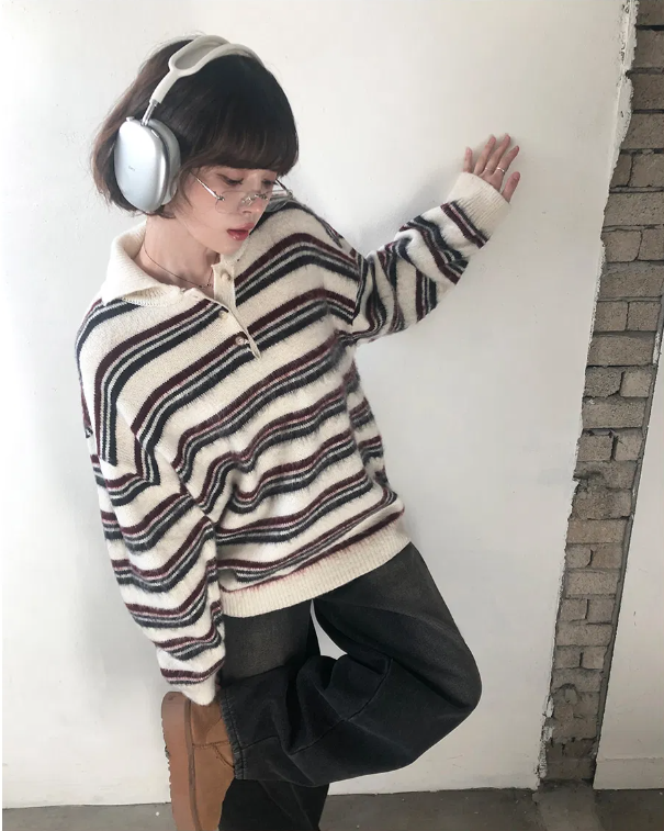 秋冬預訂｜寬鬆條紋單排扣領馬海毛針織衫