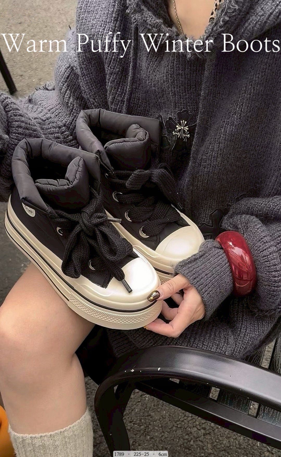 1789  韓國羽絨感中筒綁帶帆布靴