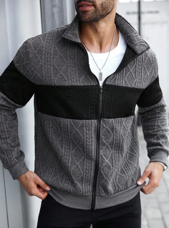 KADMAX大尺碼-男士撞色紋理立領棉質外套〈KSMS2701〉