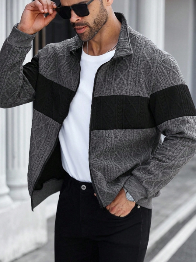 KADMAX大尺碼-男士撞色紋理立領棉質外套〈KSMS2701〉