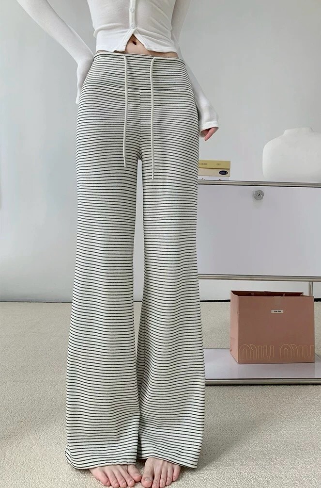 高腰抽繩條紋喇叭褲