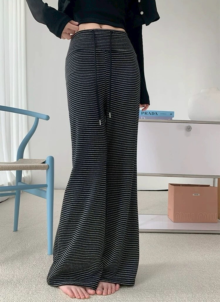 高腰抽繩條紋喇叭褲