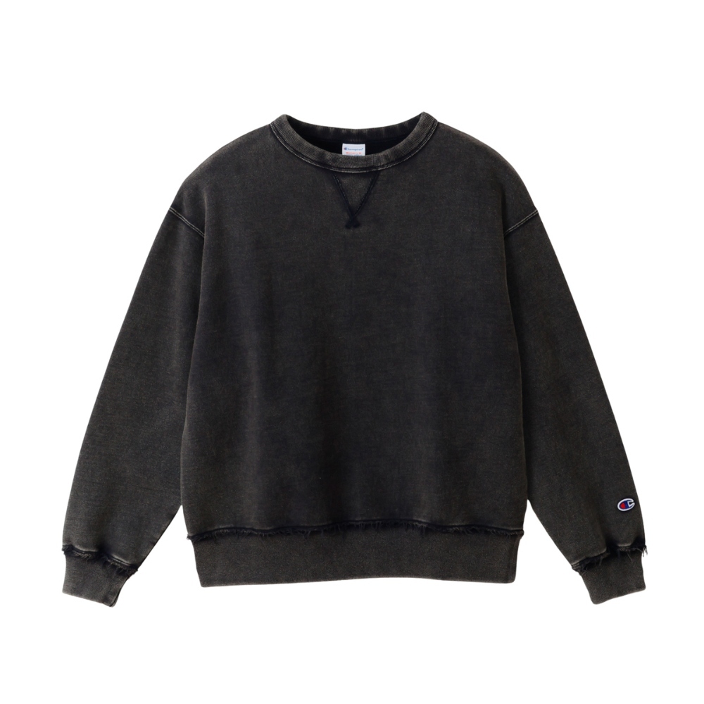 女款-CASUAL 寬版素面復古水洗長袖大學T-黑色（CW-C014-055）