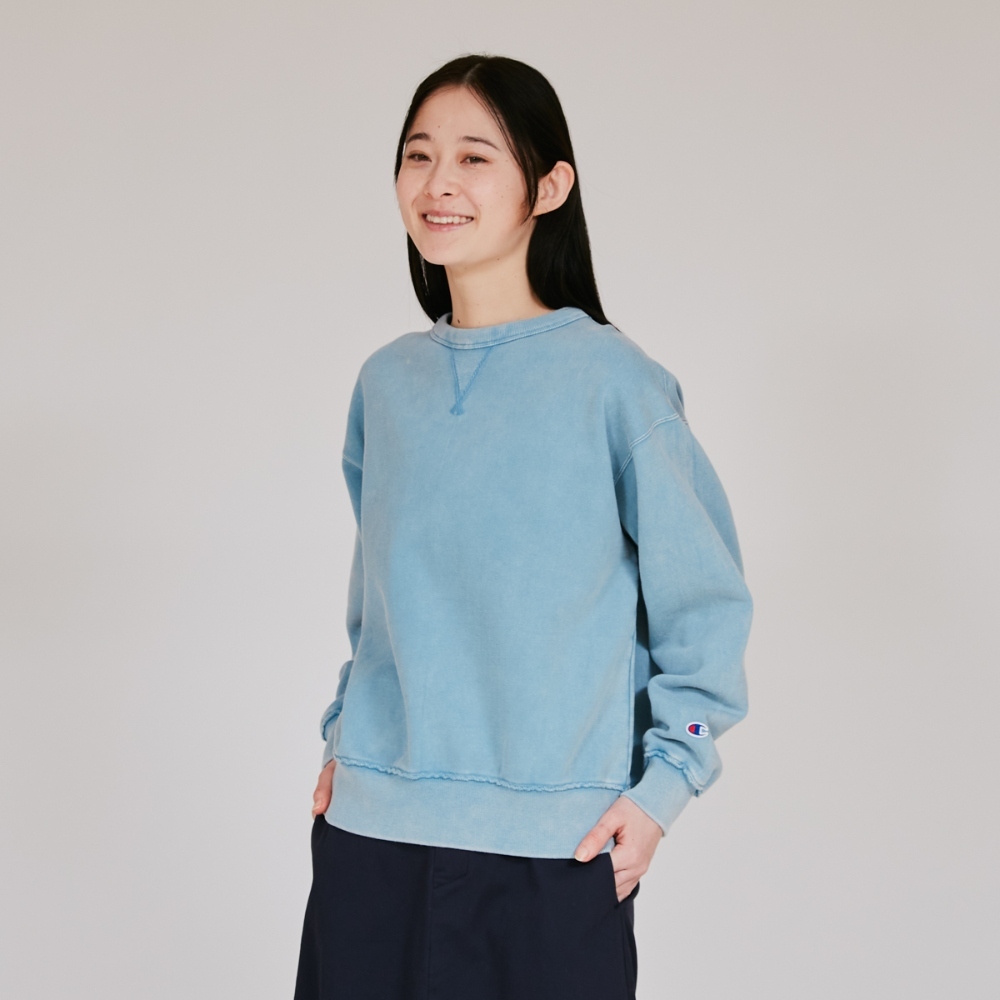 女款-CASUAL 寬版素面復古水洗長袖大學T-藍色（CW-C014-326）