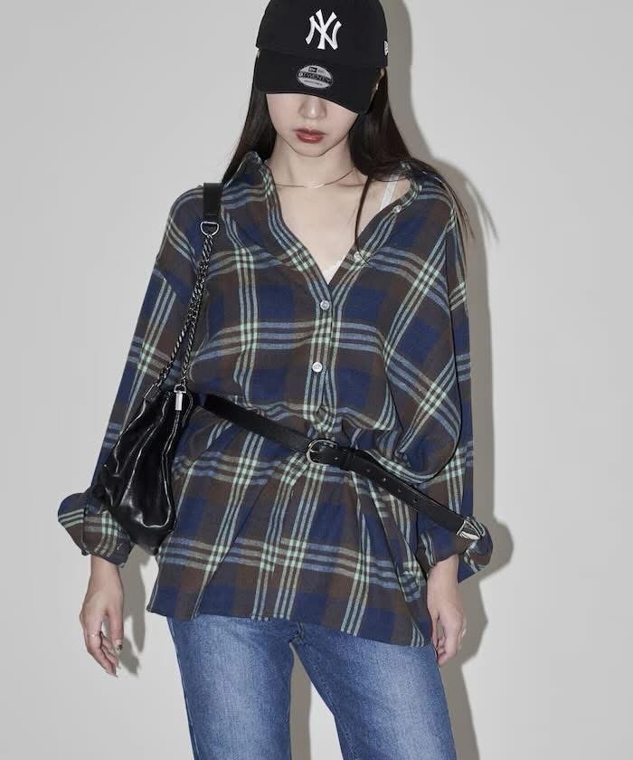 PUBLUX オーバーサイズチェックシャツ咖啡（3200220800149）