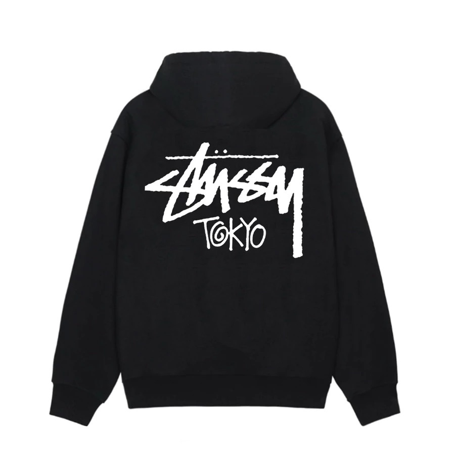 -(B012)-STUSSY TOKYO  ZIP HOODED 草寫 LOGO東京限定 連帽外套 黑色/灰色-25F3973987