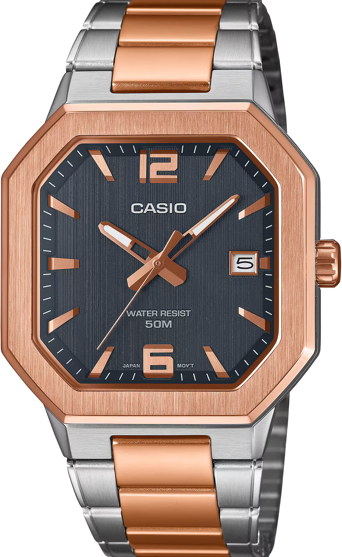 萬年鐘錶 - CASIO 卡西歐   八角方形奢華金不鏽鋼男錶 MTP-B195RG-2A  錶徑38MM
