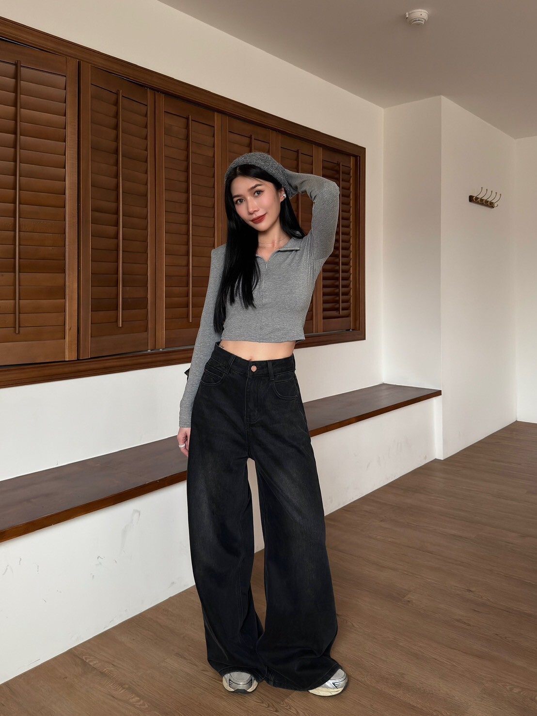 黑灰刷色內磨毛寬褲