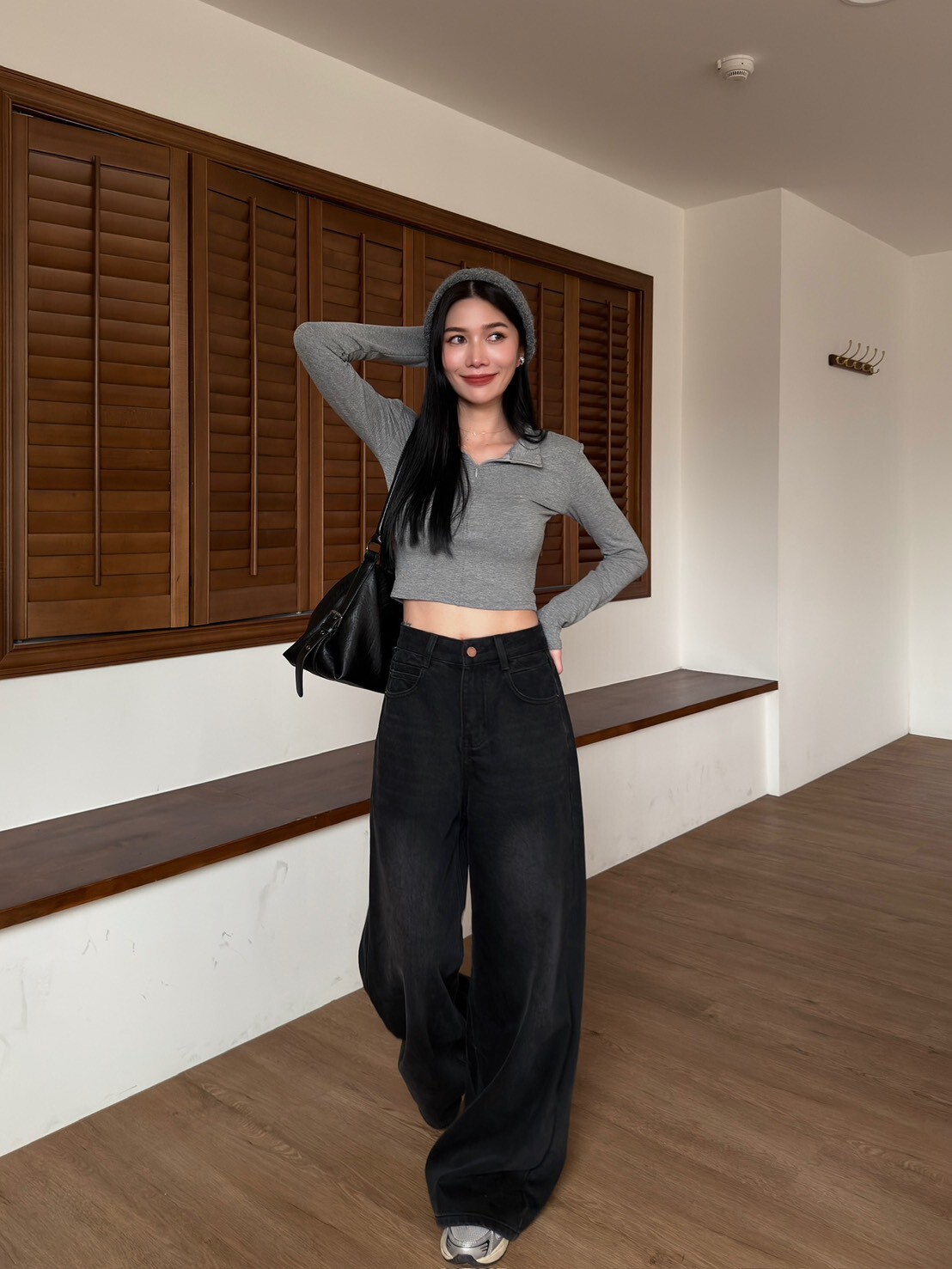 黑灰刷色內磨毛寬褲