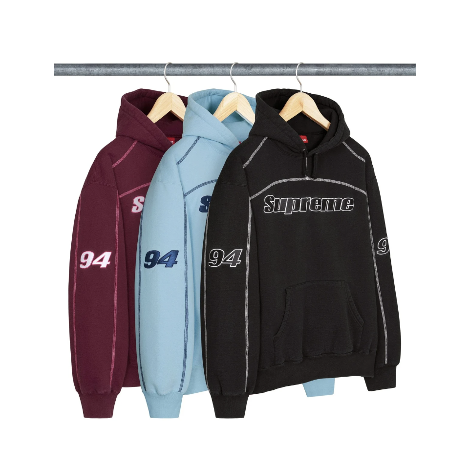 -(B2c03)-SUPREME OVERLOCK HOODED SWEATSHIRT FW25 94 車線 刺繡文字帽T 紅/藍/黑